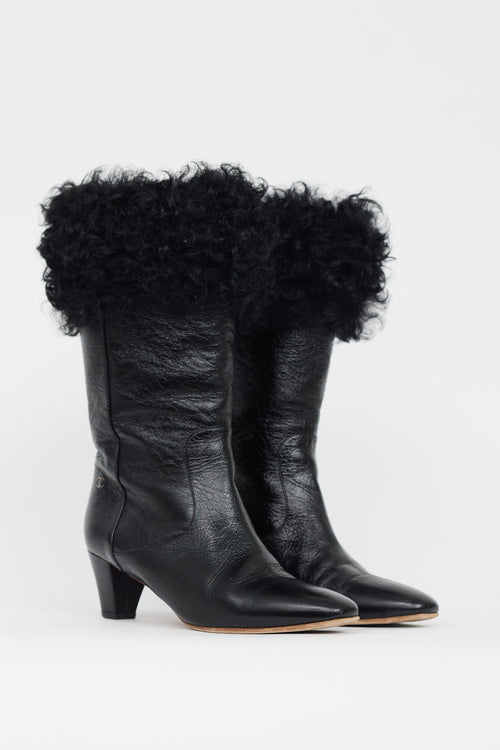 Chanel Black Patent & Shearling CC Heeled Boot