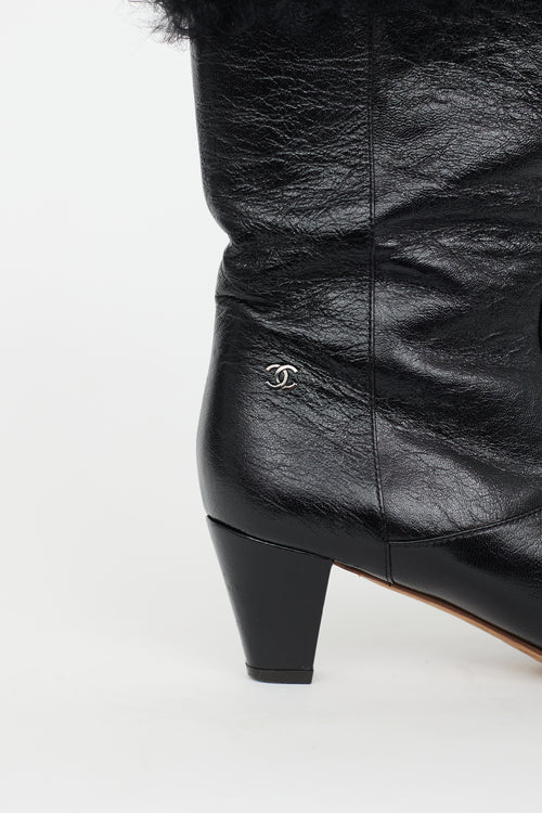Chanel Black Patent & Shearling CC Heeled Boot