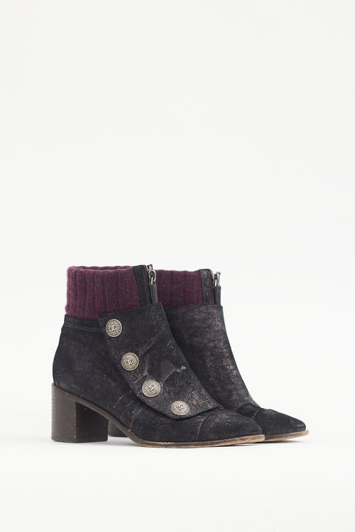 Chanel Black & Purple Suede & Ribbed Knit Boot
