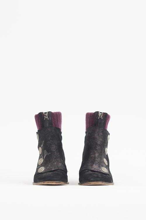 Chanel Black & Purple Suede & Ribbed Knit Boot