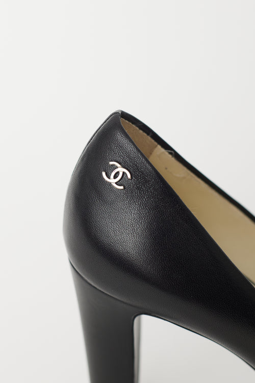 Chanel Black & Silver CC Chain Peep Toe Pump