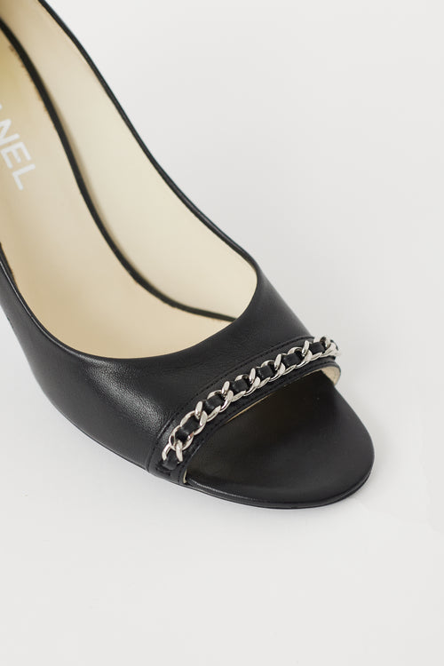 Chanel Black & Silver CC Chain Peep Toe Pump