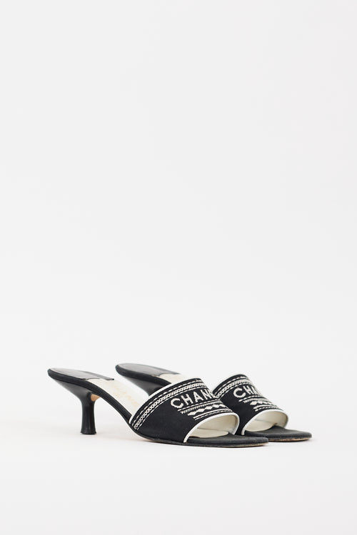 Chanel SS 2001 Black & White Embroidered Logo Mule