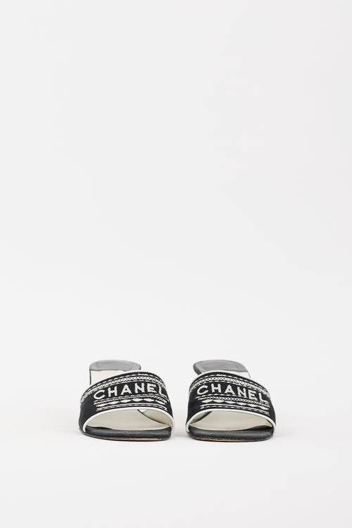Chanel SS 2001 Black & White Embroidered Logo Mule