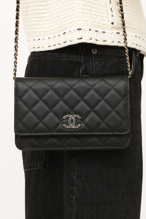 Black Caviar Leather CC Gold & Strass Autumn 2023 Wallet on Chain