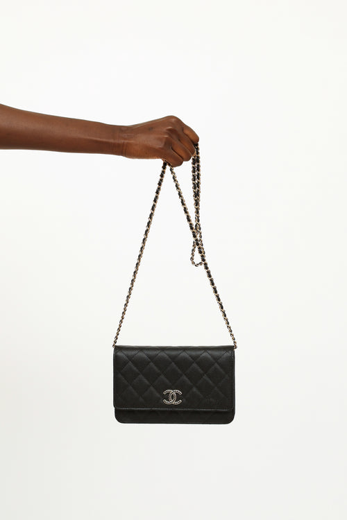Black Caviar Leather CC Gold & Strass Autumn 2023 Wallet on Chain