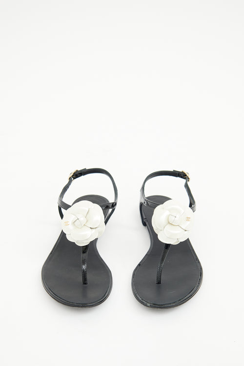 Chanel Black & White Camellia T-strap  Sandal
