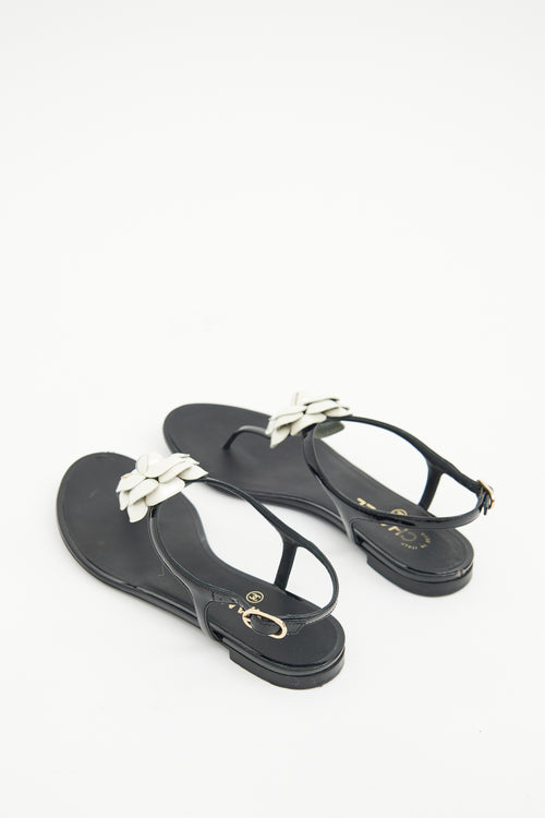 Chanel Black & White Camellia T-strap  Sandal