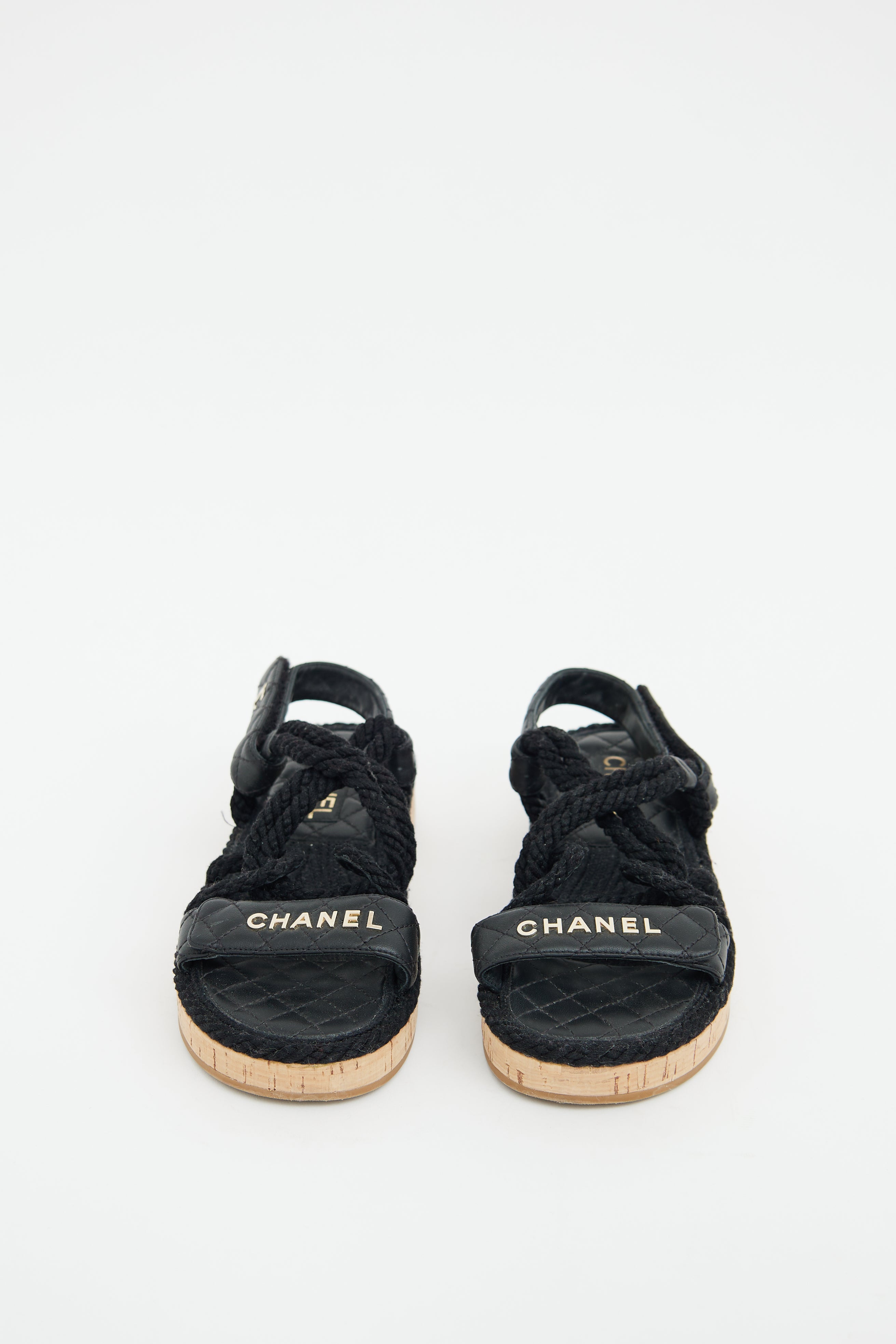 Chanel Black Leather & Rope Logo Sandal