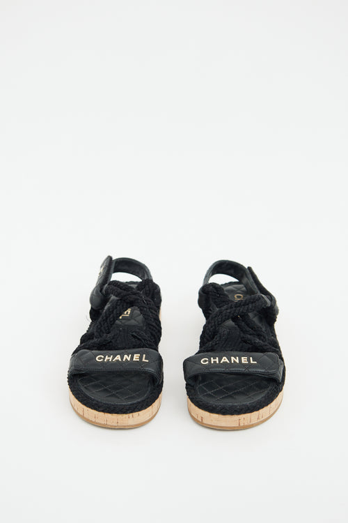 Chanel Black Leather & Rope Logo Sandal