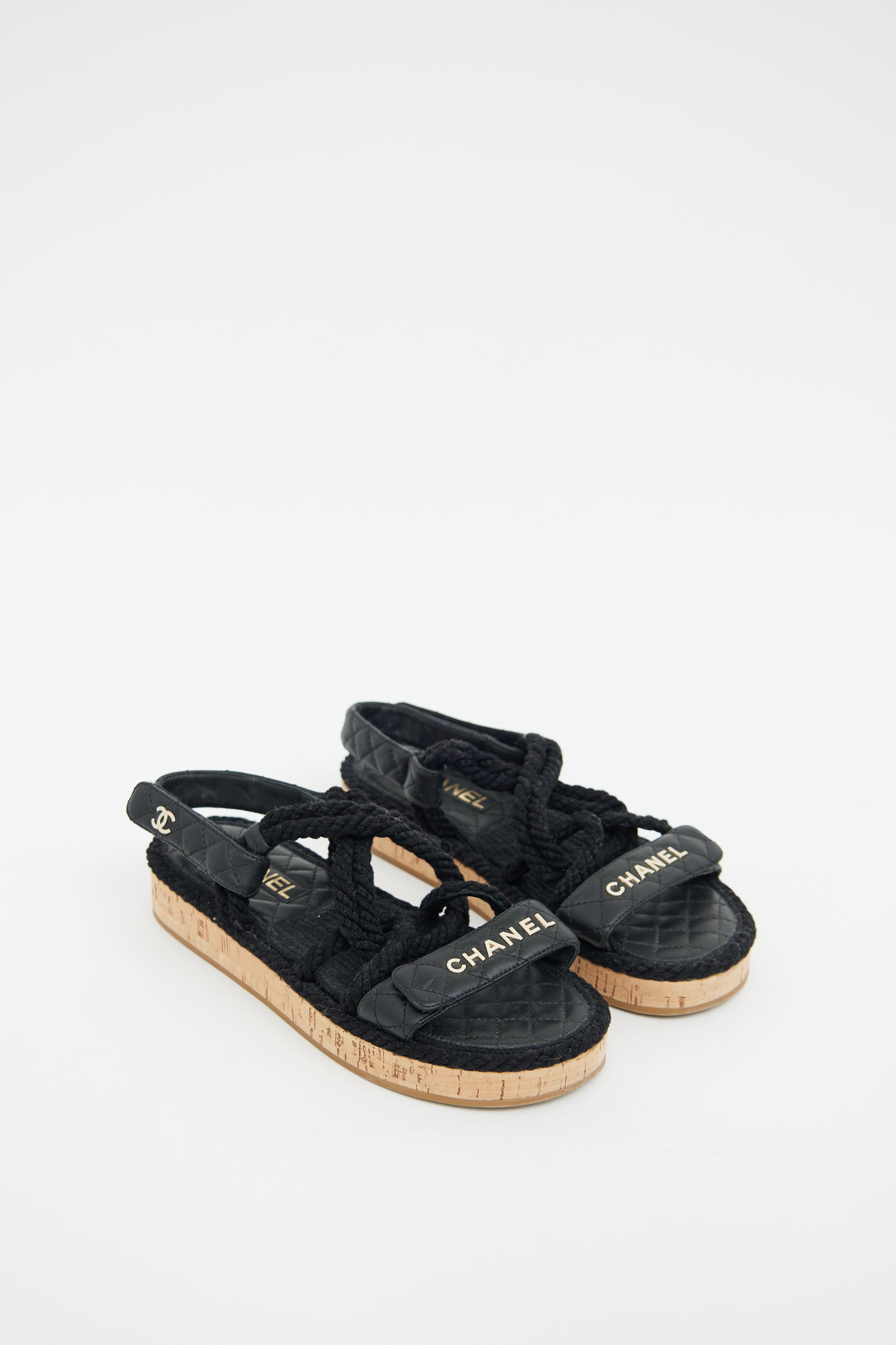 Chanel Black Leather & Rope Logo Sandal