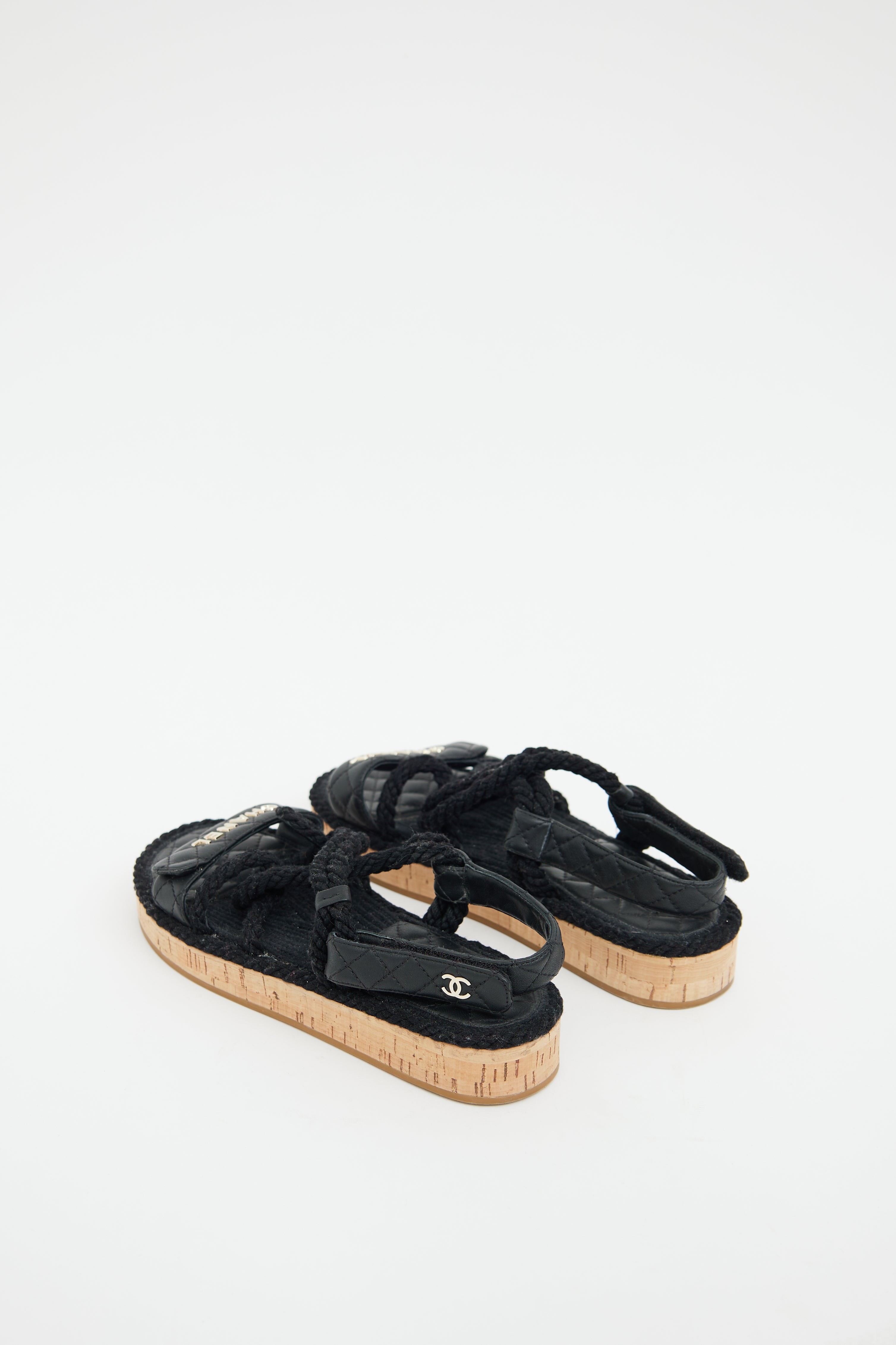 Chanel Black Leather & Rope Logo Sandal