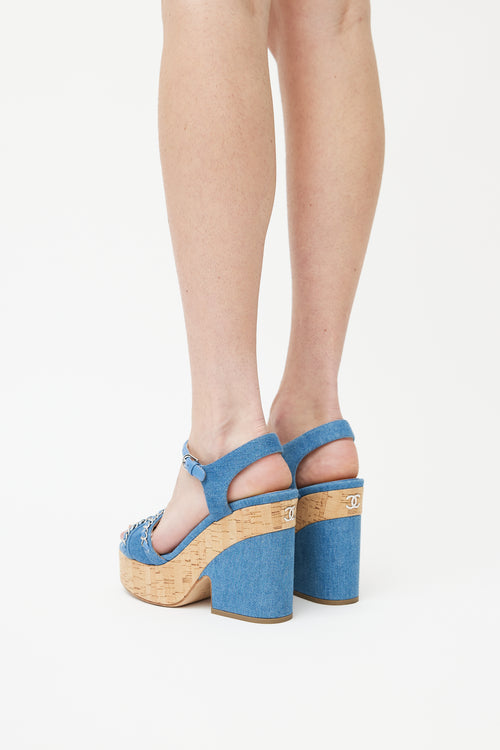 Chanel SS 2019 Blue Denim & Cork Heeled Sandal