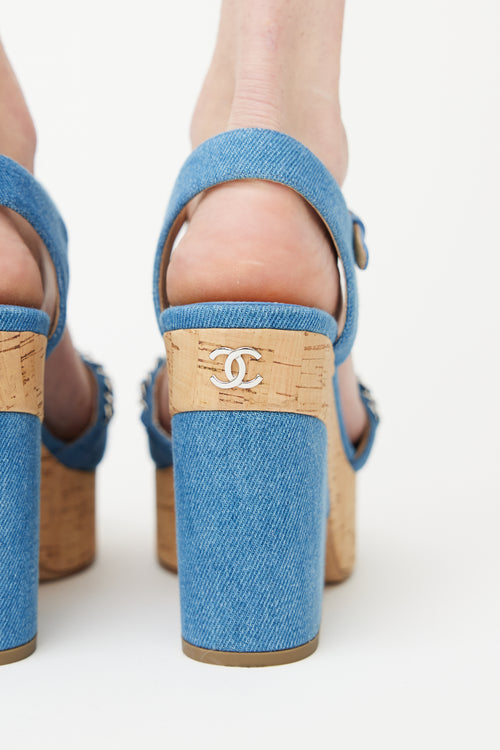 Chanel SS 2019 Blue Denim & Cork Heeled Sandal