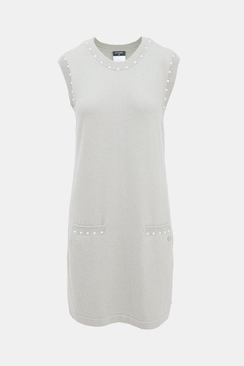 Chanel Grey Cotton & Cashmere Pearl Trimmed Dress