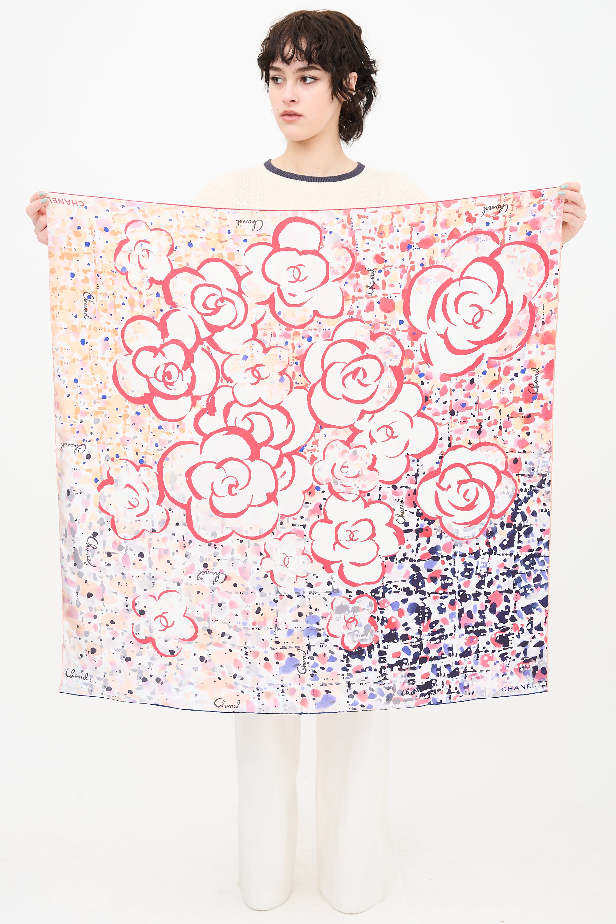 Chanel Silk Camelia Print Scarf