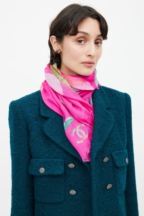 Chanel Fuchsia & Multi Cashmere Floral Scarf