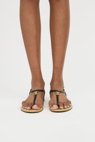 Chanel Gold & Black Leather T-Strap Logo Sandal