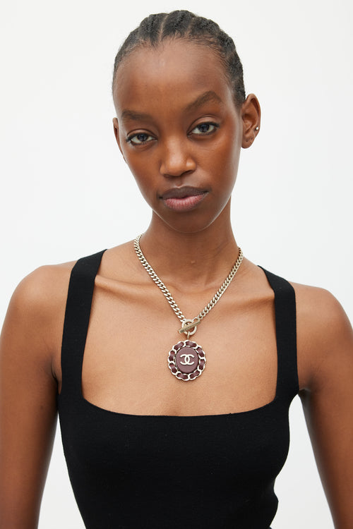 Chanel Gold & Burgundy Chainlink Logo Necklace