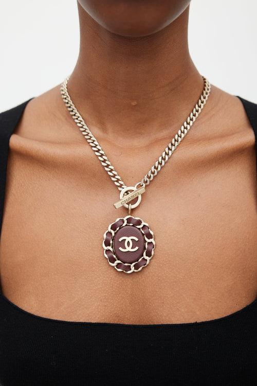 Chanel Gold & Burgundy Chainlink Logo Necklace