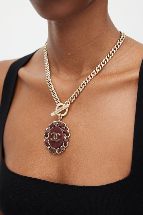 Chanel Gold & Burgundy Chainlink Logo Necklace
