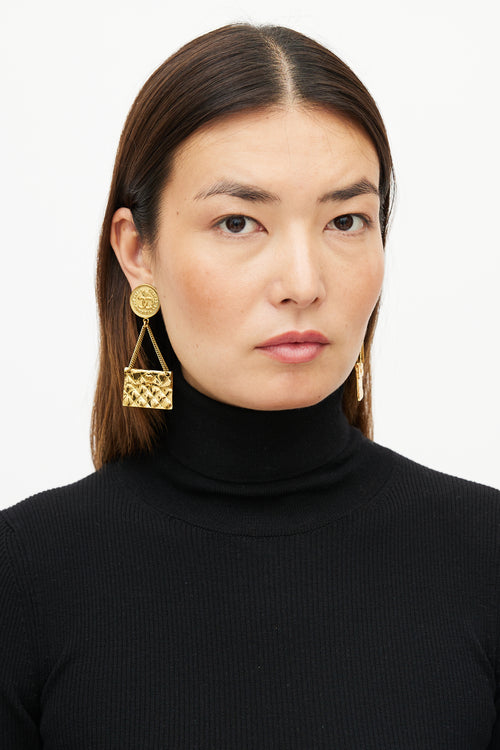 Chanel 1988 Gold Flap Bag Pendant Drop Earrings