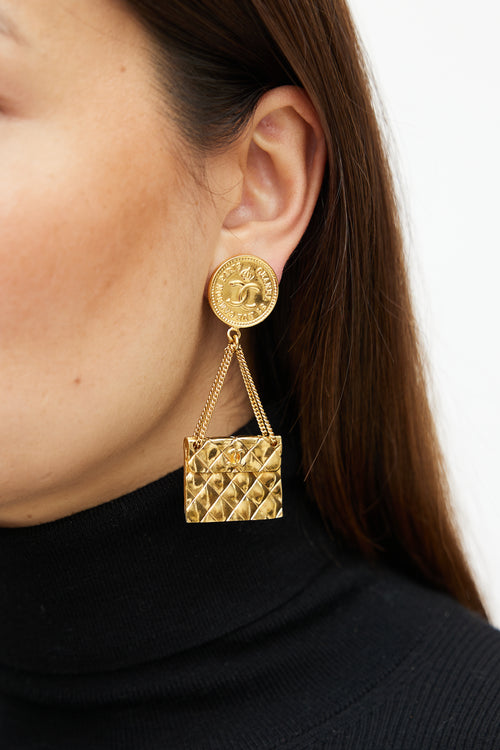 Chanel 1988 Gold Flap Bag Pendant Drop Earrings