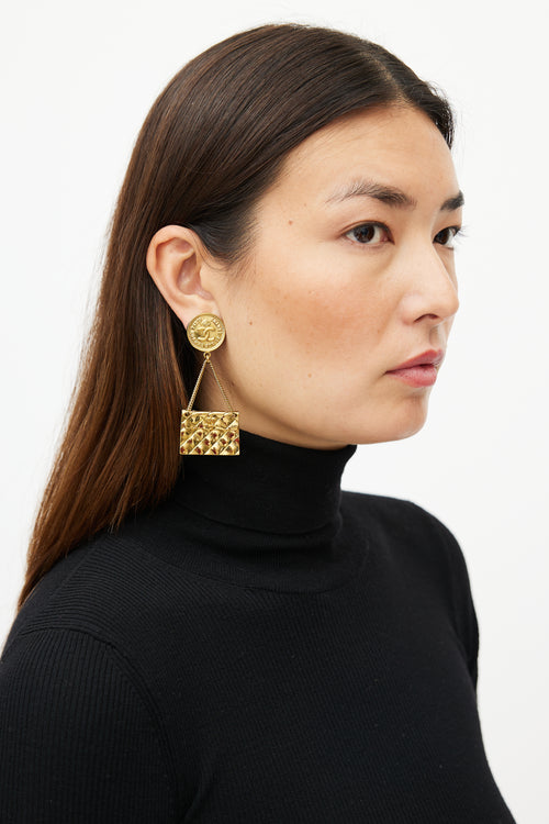 Chanel 1988 Gold Flap Bag Pendant Drop Earrings