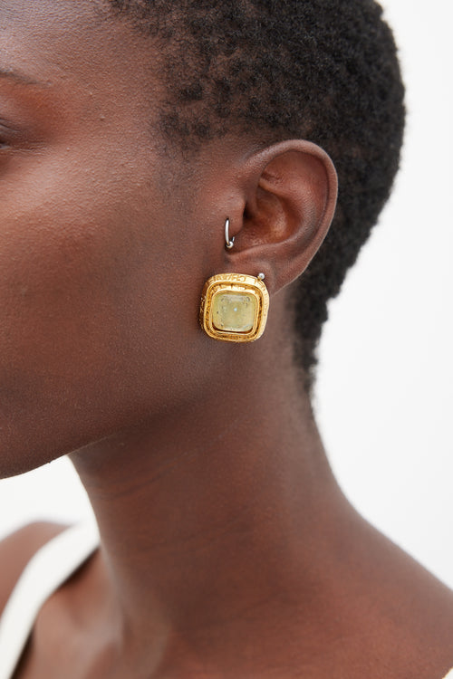 Chanel FW 1996 Gold & Green Gem Square Earrings