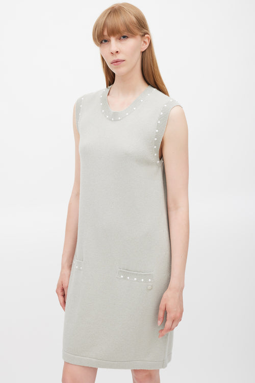 Chanel Grey Cotton & Cashmere Pearl Trimmed Dress