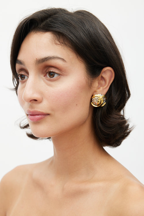 Chanel Late 1980s Gold CC & Rhinestone Clip On Earring