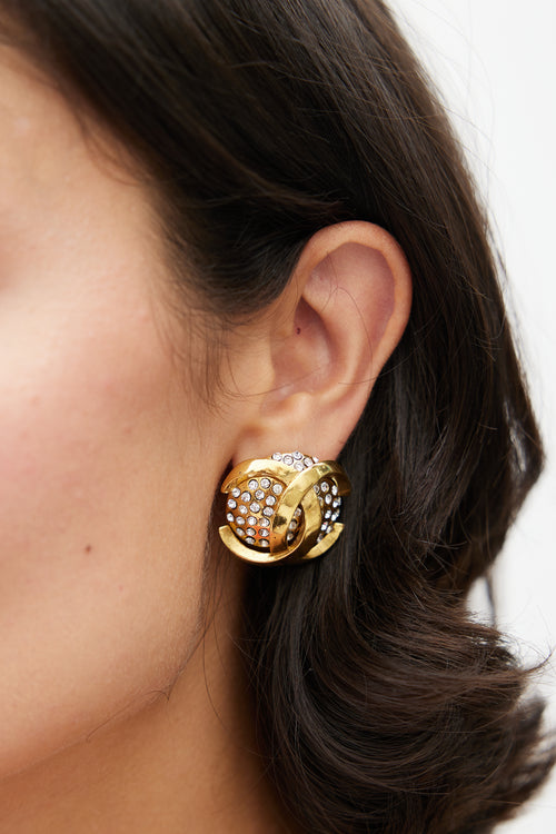 Chanel Late 1980s Gold CC & Rhinestone Clip On Earring