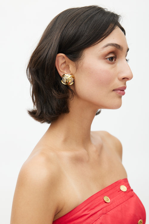 Chanel Late 1980s Gold CC & Rhinestone Clip On Earring