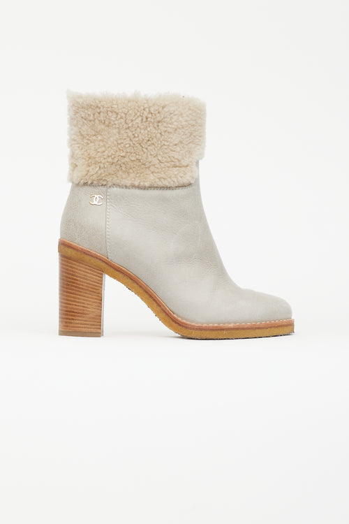 Chanel Light Grey Leather & Shearling Heeled Boot