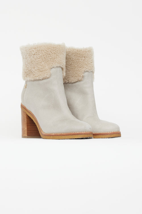 Chanel Light Grey Leather & Shearling Heeled Boot