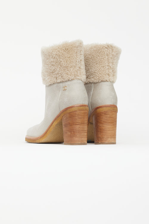 Chanel Light Grey Leather & Shearling Heeled Boot
