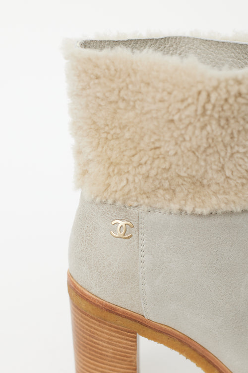 Chanel Light Grey Leather & Shearling Heeled Boot