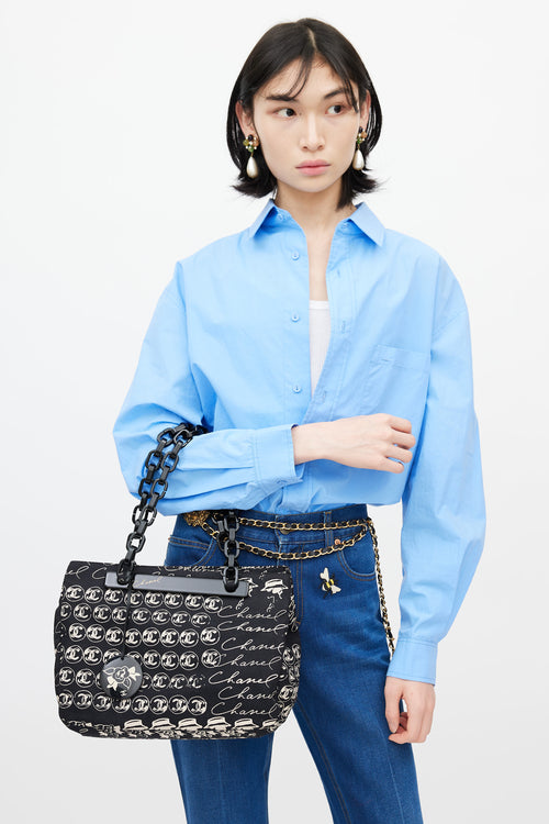 Chanel Mid 2000s Black & Cream Canvas Monogram Tote Bag