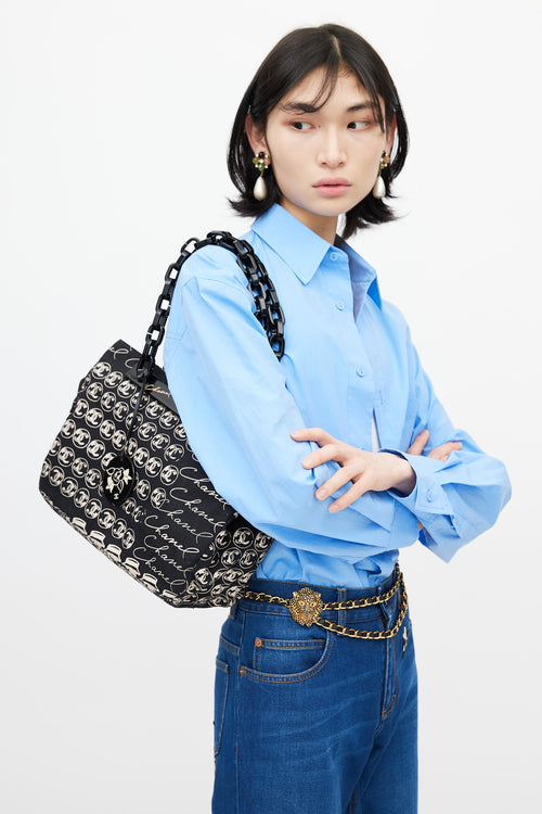 Chanel Mid 2000s Black & Cream Canvas Monogram Tote Bag