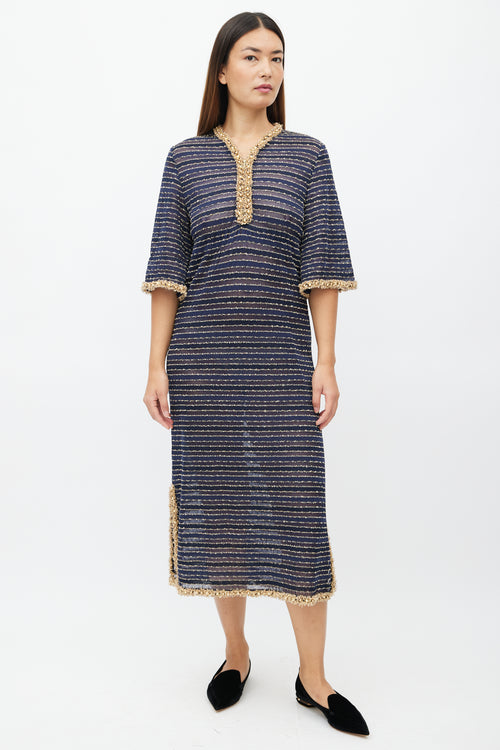 Chanel Navy & Gold Beaded Stripe Dress