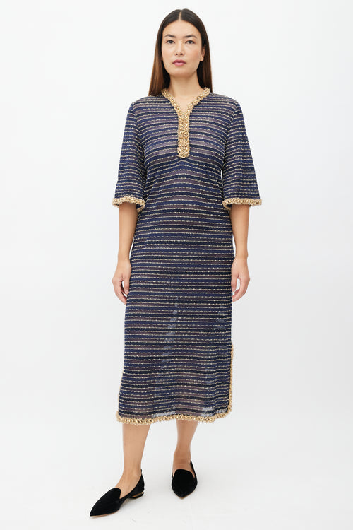 Chanel Navy & Gold Beaded Stripe Dress