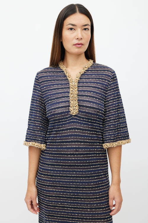 Chanel Navy & Gold Beaded Stripe Dress
