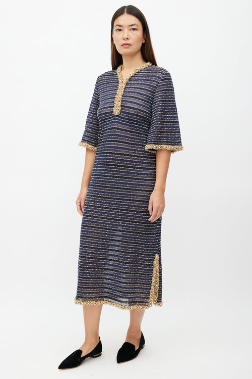 Chanel Navy & Gold Beaded Stripe Dress