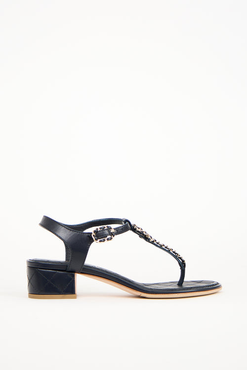 Chanel Navy Braided Leather & Chain CC Sandal