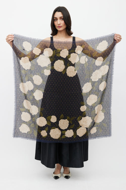 Chanel Navy & Multicolour Camelia Print Scarf
