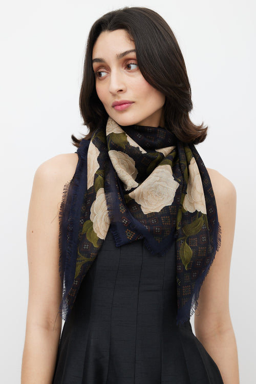 Chanel Navy & Multicolour Camelia Print Scarf