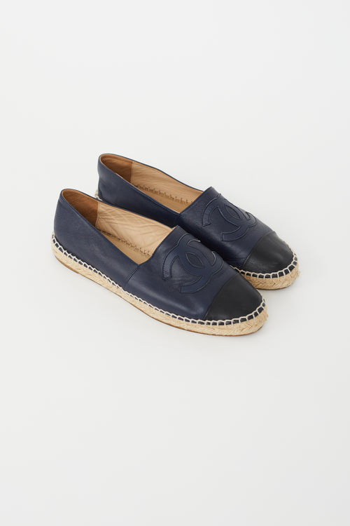 Chanel Navy & Black Leather Logo Espadrille Flat