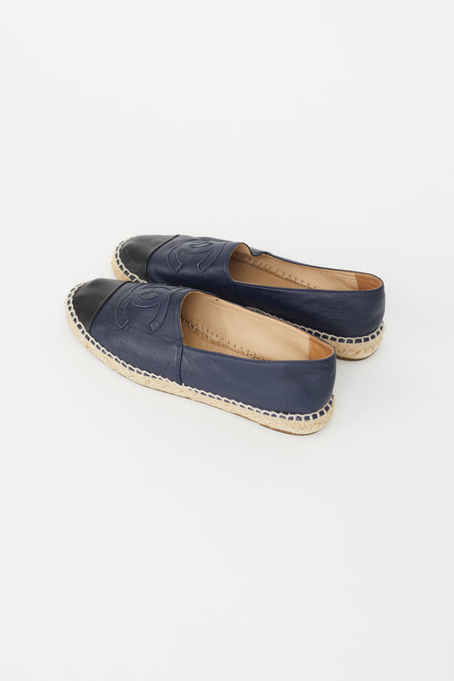 Chanel Navy & Black Leather Logo Espadrille Flat