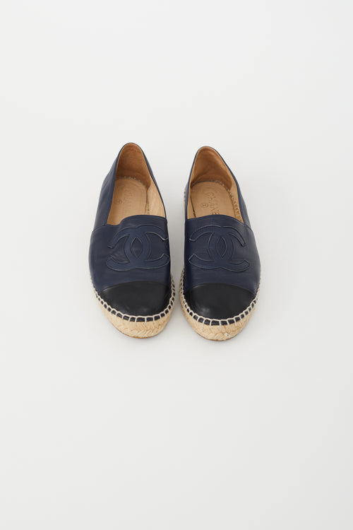 Chanel Navy & Black Leather Logo Espadrille Flat
