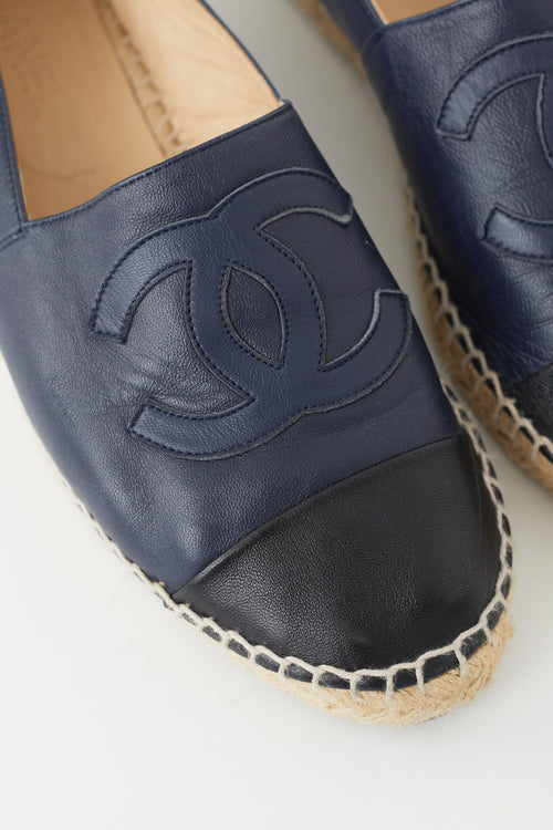 Chanel Navy & Black Leather Logo Espadrille Flat